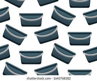 Cartoon style blue plastic buckets for cleaning seamless pattern. White background, vector.