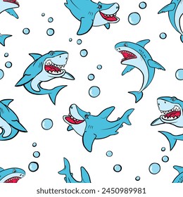 Cartoon style blue sharks seamless pattern. seamless pattern abstract with hand drawn sharks Shark Character Texture Designs for Textile Wallpaper prints, T-shirts, wrappers, fabric textiles, websites