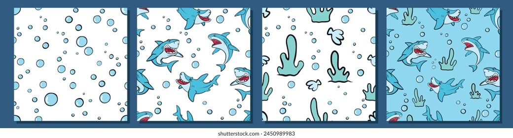 Cartoon style blue sharks seamless pattern. Under sea different collection of hand drawn Shark Characters,  Texture Designs for Textile Wallpaper prints T-shirts wrappers fabric textiles websites