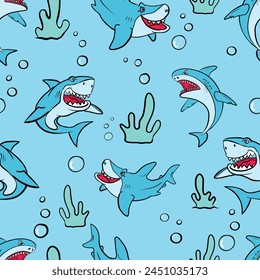 Cartoon style blue sharks seamless pattern. seamless pattern abstract with hand drawn sharks Shark Character Texture Designs for Textile Wallpaper prints, T-shirts, wrappers, fabric textiles, websites