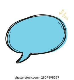 A cartoon style blue speech bubble with hand drawn black outlines and artistic sketch elements on a plain white background.