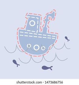 cartoon style boat on the waves with fish
