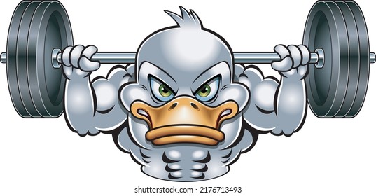 Cartoon style body builder weight lifting duck