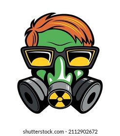 Niño de estilo caricatura, personaje nerd con máscara de gas y gafas, aislado en fondo blanco.
