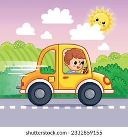 Niño de estilo caricatura monta un auto amarillo en verano. Ilustración vectorial con un hijo.