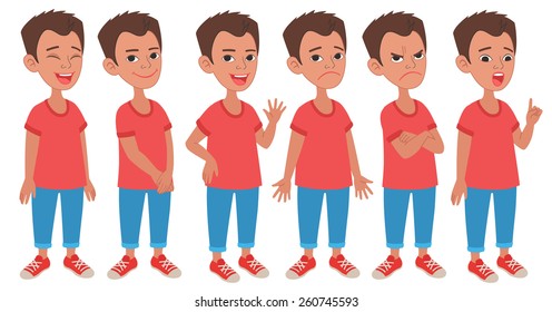 Menino estilo dos desenhos animados usando jeans e camiseta. Conjunto de personagens originais diferentes poses de pé e expressões faciais fáceis de modificar. Coleção de ilustrações vetoriais isolada em fundo branco