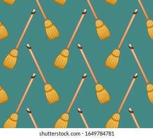 Cartoon style broomsticks for cleaning seamless pattern. Turquoise background, vector.
