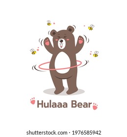 Cartoon style brown bear playing hula hoop sport cartoon character, Cute Bear with Bees,Teddy Bear Isolated on white background Vector Illustration