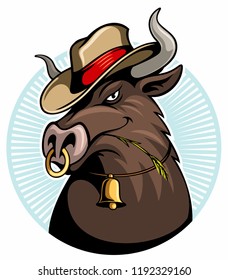 Cartoon style bull with the cowbell and cowboy hat, animal vector logo.