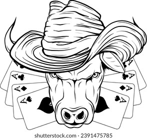 Cartoon style bull with cowboy hat, animal vector logo.