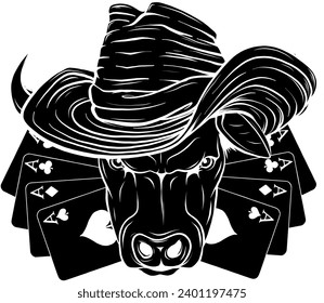 Cartoon style bull with cowboy hat, animal vector logo.