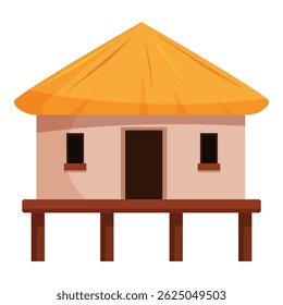 Cartoon style bungalow featuring a thatched roof and elevated on wooden stilts, evoking a tranquil, tropical island vibe