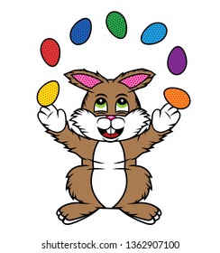 Cartoon style bunny rabbit juggling Easter eggs