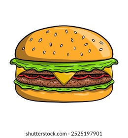 Ilustración de hamburguesa de estilo de dibujos animados con una jugosa hamburguesa de carne, tocino crujiente, queso derretido y lechuga fresca, todo escondido entre un suave bollo de semillas de sésamo. Deliciosa hamburguesa, Imagen de color.