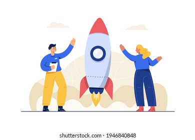 Cartoon style. Business success comes from the cooperation of many parties. Like a rocket propelled by pressure. flat illustration vector design