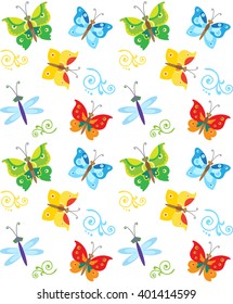 Cartoon Style Butterfly And Dragonfly Pattern. Colorful Butterflies In Vector. Nice Childish Background. Seamless Pattern With Butterflies and Dragonfly. Summer Meadow Pattern. 