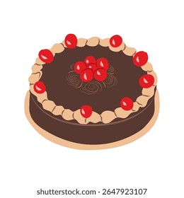 Cartoon style cake with chocolate glaze and bright red cherries evokes a sweet treat celebration Good for culinary or dessert themes.