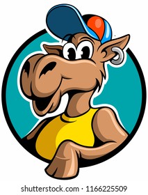 Cartoon style camel with earring and trucker hat, vector animal cartoon character.