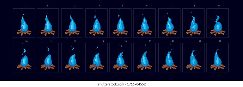 Karikatur-Stil Lagerfeuer-Sprites für Animation. Feueranimation-Sprite-Blatt für Videospiele, Computer oder Web-Design. Brennrahmen für Feuerstein. Vektorillustration