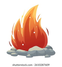 Cartoon style campfire burning with red and yellow flames surrounded by grey rocks. Suitable for camping, adventure, survival, outdoor recreation or fire safety projects.