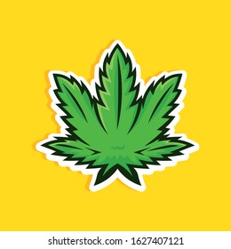 Cartoon style cannabis leaf on yellow background. Green marijuana leaf vector icon, logo, print. 