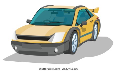 Cartoon style car with a bold and aggressive appearance. It features a bright yellow body. contrasting black accents. and a prominent rear spoiler. Design suggests it is intended for high performance.