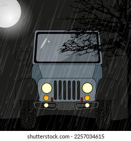 Cartoon style car with an open top against nighty sky with moon, rain, black silhouette of the tree. Beautiful image with auto for children room. Terrain vehicle.