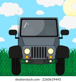 Cartoon style car with an open top against blue sky with white clouds and sun. Beautiful image with auto for children room.