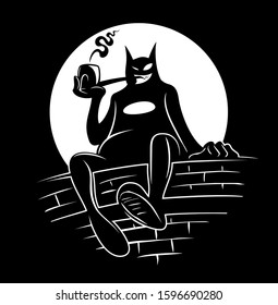 Cartoon style cat character, in the moonlight, smoking a pipe.