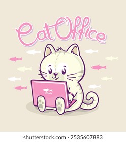 Cartoon style cat illustration sitting at laptop. Art with simple and delicate lines.