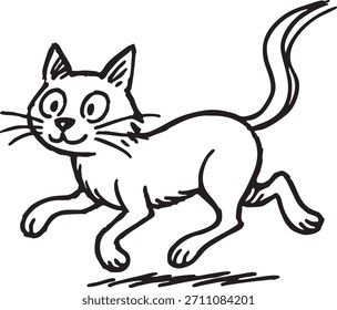 Gato de estilo de dibujos animados en movimiento con cola levantada dibujada en contornos negros.