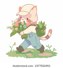 Cartoon style Cat planting a tree. Hand drawn Vector illustration.