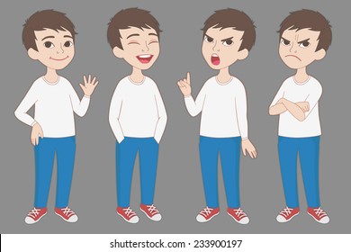 Cartoon style Caucasian boy in jeans and white t-shirt. Set of original character different standing poses and facial expressions. Vector illustrations collection isolated on background