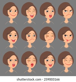 Cartoon Style Caucasian Girl's Faces. Vector Set of Different Emotions Icons. Isolated on background