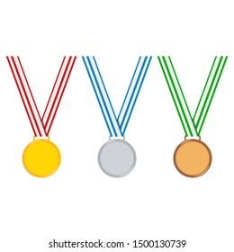 Cartoon style champion medal set isolated on white background: golden, silver, bronze medal with stripped red, blue, green ribbon. Icon sign first, second, third place. Vector flat design illustration
