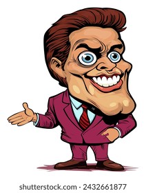 cartoon style character, big head, smiling, in suit, design, vector, pink suit, brown hair