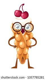 Cartoon style character design. Mascot with glasses. Hong Kong waffle with cherry and whipped cream vector illustration isolated on white background website page and mobile app design.