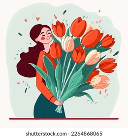 Caricatura de una chica con un ramo de tulipanes. El concepto de la tarjeta de saludo del Día de la Madre y el Día de la Mujer. Bouquet de tulipanes frescos en sus manos. Caballeros abrazos a madres e hijas.