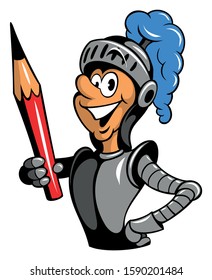Cartoon style character, knight in the armor, holding the pencil, isolated on white background. 