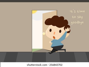 cartoon style character saying goodbye / a man quitting his job / a boy leaving his home