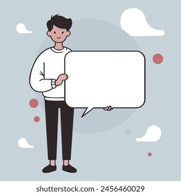 
A cartoon style character stands holding a blank speech bubble, symbolizing social media, chat, conversation, and contact. This hand-drawn vector illustration represents the concept of communication 