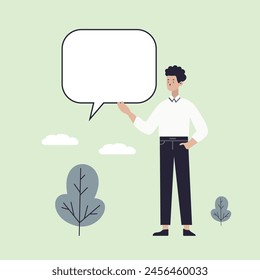 
A cartoon style character stands holding a blank speech bubble, symbolizing social media, chat, conversation, and contact. This hand-drawn vector illustration represents the concept of communication 