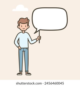 
A cartoon style character stands holding a blank speech bubble, symbolizing social media, chat, conversation, and contact. This hand-drawn vector illustration represents the concept of communication 