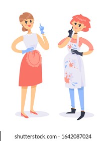 Cartoon style character. Vector illustration woman in apron and latex gloves. Hand drawn happy housewife