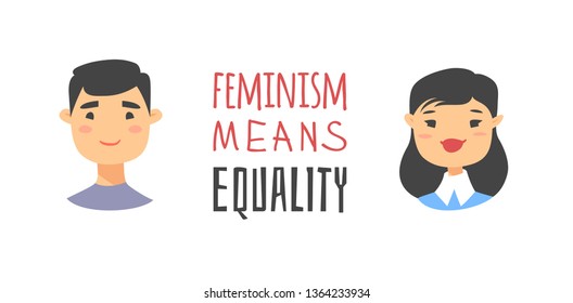 Cartoon style characters Asian American girl and boy. Vector illustration japanese or chinese women, men and feminism quote FEMINISM MEANS EQUALITY