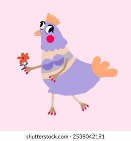 Cartoon style chicken holding a flower in hand on pastel background.