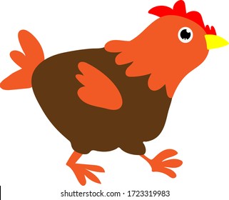 Cartoon style chicken running forward vector flat illustration isolated on white background.