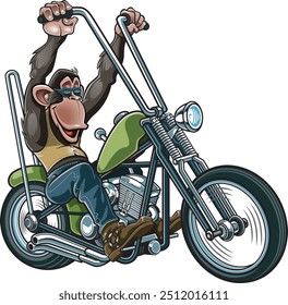 Cartoon style chimpanzee driving a chopper motorcycle