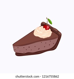 Cartoon style chocolate cheesecake with whipped cream and cherry vector icon isolated on the white background