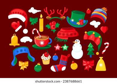 Cartoon Style Christmas items collection. Winter Xmas symbols. Festive New Year vector icons isolated on festive red background for decoration of holiday design
